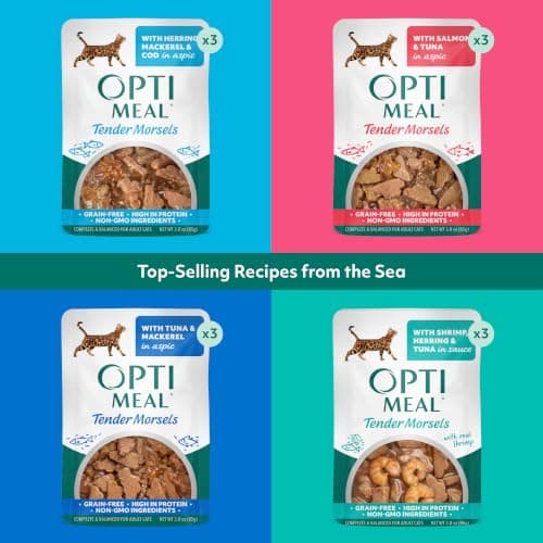 Optimeal Wet Cat Food Variety Pack - Sea Protein Selection, Grain Free Tender Morsels, High Protein Premium Nutrition Made with Natural European Ingredients, Adult Cat Pouches 3oz (Pack of 12) — view 2