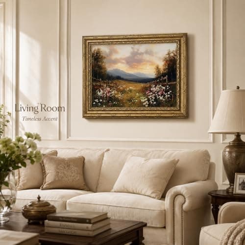 Vintage Gold Framed Wall Art, Retro Wildflower Canvas Print, Rustic Farmhouse Sunset Painting for Living Room, Bedroom, Office, 9x11 Inch — view 2