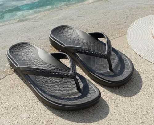 BRONAX Women's Arch Support Flip Flops Thong Sandals Size 8 Rubber Chanclas para Mujer Plantar Fasciitis Relief Beach Pool Flat Slides Orthotic Female Black