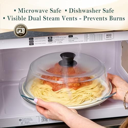 Le’raze Tall Glass Microwave Splatter Cover for Food - Cookware & Bakeware Serving Dish Cover, Plate Guard Lid with Easy Grip Silicone Handle Knob - 100% Food Grade BPA Free & Dishwasher Safe - 10in — view 2