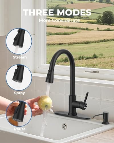 WEWE Kitchen Faucet with Soap Dispenser and Pull Down Sprayer, RV Single Handle Classic 3 Modes Stainless Steel Faucet for Kitchen Sink, RV, Matte Black — view 3