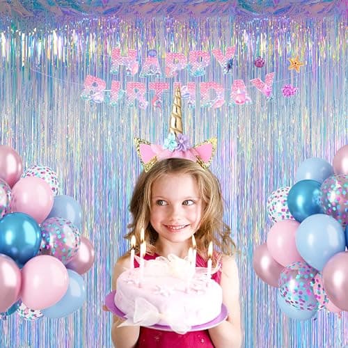 Melsan Iridescent Foil Fringe Backdrops Party Decorations - 2 Pack 3.2 x 6.5 ft Metallic Tinsel Photo Backdrop Curtains for Mermaid Unicorn Birthdays Parties - Iridescent 2 Packs — view 3