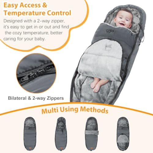 Zooawa Warm Bunting Bag Universal, Waterproof Baby Stroller Sleeping Bag for Cold Weather, Stroller Toddler Footmuff, Extra Thick, Fits 6-36 Months Baby, Gray — view 5