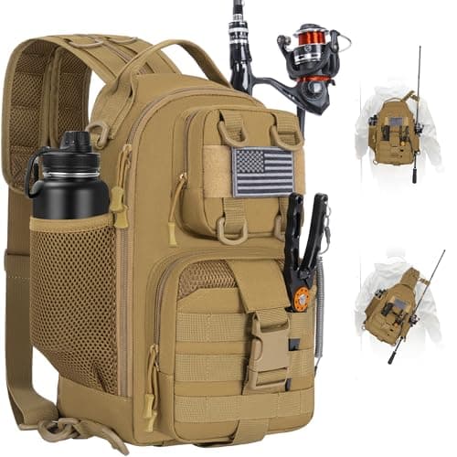 Fishing Tackle Bag, Tactical Fishing Tackle Backpack with Rod & Gear Holder, Lightweight Outdoor Water-Resistant Fish Tackle Gear Shoulder Bags for Men Women, Khaki