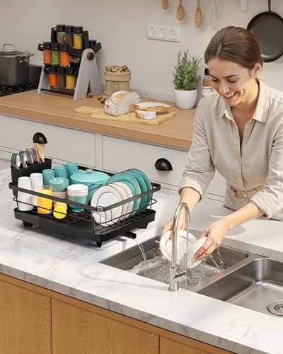 Sakugi Dish Drying Rack - Compact Dish Racks with Drain Board for Kitchen Counter, Durable Stainless Steel Dish Rack Used in Sink & on Countertop, Dark Black, Large — view 8