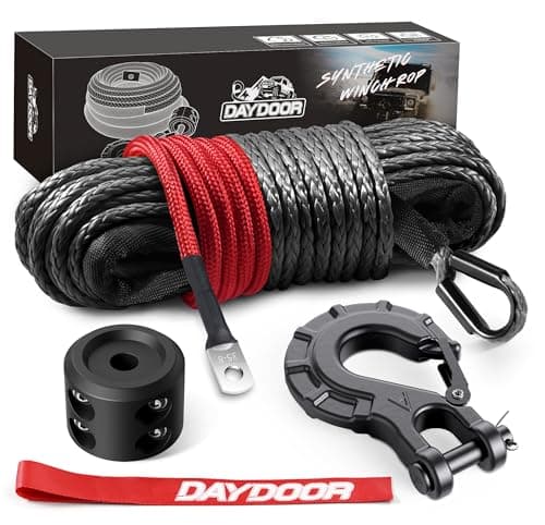 DAYDOOR Synthetic Winch Rope, 1/4 Inch x 50ft 10,000LBS Synthetic Winch Line, Synthetic Winch Cable for Offroad Vehicle 4WD ATV UTV, Synthetic Rope with Forged Winch Hook and Rubber Stopper (Gray)