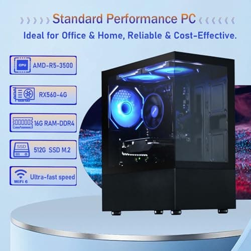 Qehi Prebuilt Desktop Gaming PC | Ryzen 5 6Cores 3.6G Up to 4.1G | 16G DDR4 RAM | 512G SSD | RX560 4G Graphics Card | WiFi 6 | Game Computer Tower Black — view 2