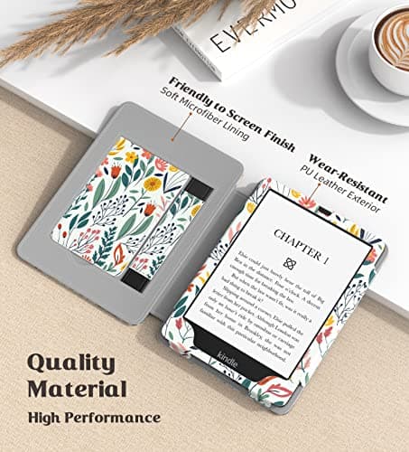 MoKo Case for 7"/6.8" Kindle Paperwhite(12th/11th Generation-2024/2021) and Kindle Colorsoft Signature Edition, Slim PU Shell Cover Case with Auto-Wake/Sleep for Kindle Paperwhite 2024, Flowers — view 3