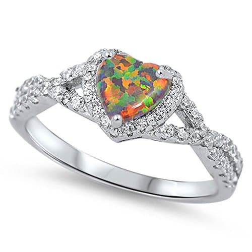 Mystic Simulated Opal Twisted Double Shank Heart Ring Sterling Silver Band Size 5