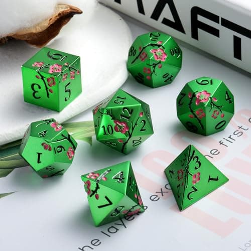 Matt Green Metal Dice Set, DNDND 7 PCS Heavy Metallic D&D Dice Set with Gorgeous Gift Case for Dungeons and Dragon Tabletop Game (Matte Green with Pink Flower) — view 2