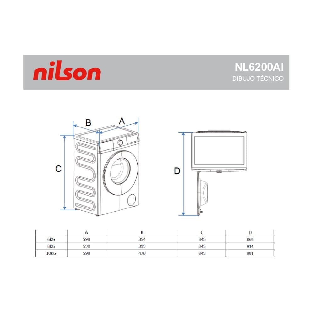 Nilson Lavadora 6Kg Carga Frontal Blanco NL6200AI. 1600W, 1200rpm, Motor Inverter, 11 Programas, Función Stop&Go, Tambor Diamante, Clase de Eficiencia Energética A — view 7