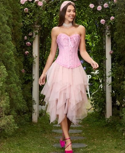SZIVYSHI 14-Bone Overbust Corset Top - Pink - X-Small — view 7