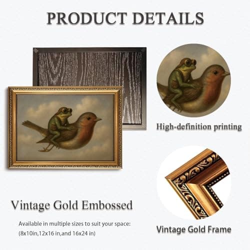 WZGZXU Gold Framed Wall Art Vintage Pictures Wall Decor Frog Riding Bird Canvas Art Funny Paintings Animal Prints Antique Artwork For Living Room Bedroom 8x10in — view 4