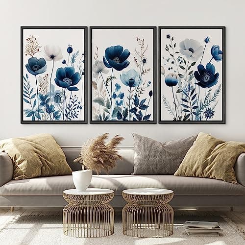 NWT Framed Canvas Print Wall Art Set Navy Blue Wildflower Lily Daisy Garden Nature Wilderness Illustrations Modern Art Decorative Minimalist Floral Botanical Flowers for Bedroom - 16"x24"x3 Black — view 2
