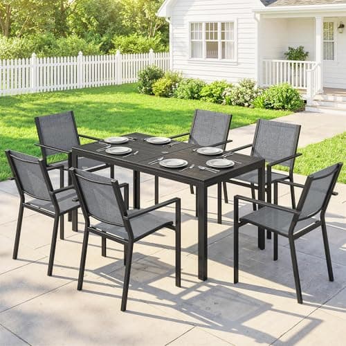 Outsunny 7 Pieces Outdoor Dining Set for 6, Rectangle Wood Effect Metal Patio Table and Mesh Stackable Chairs with Umbrella Hole, Patio Furniture Set for Garden, Yard, Black