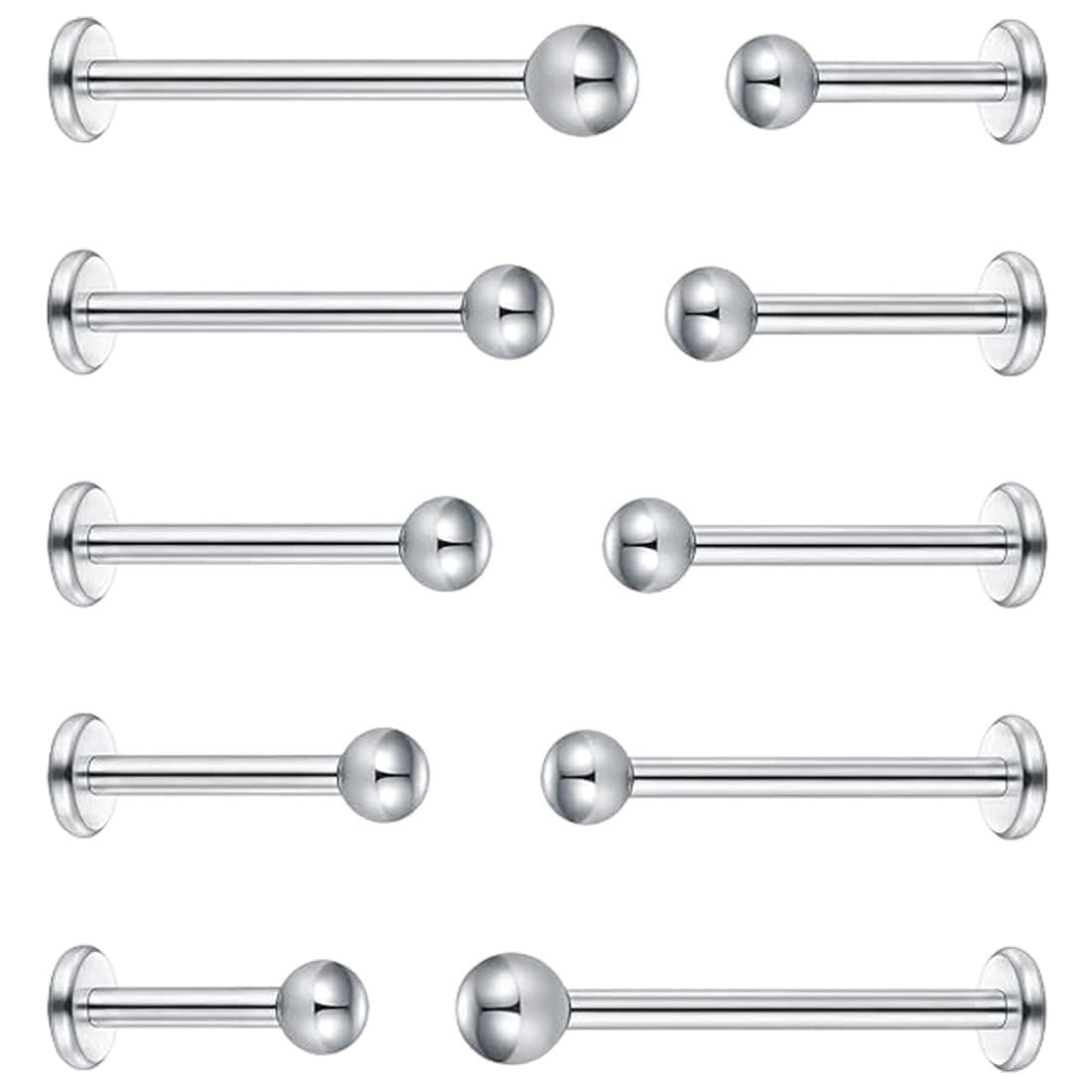 MUNZE 10 Unidades Piercing Tragus Hombre Plata 16G - Acero Quirúrgico Labret Helix Anillo 4-12Mm Bolas 3Mm