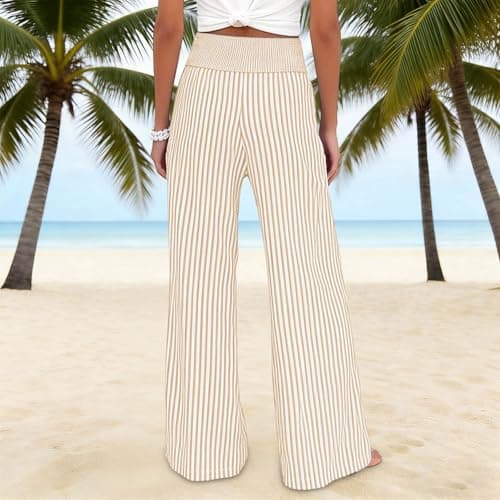 Women's Casual Wide Leg Striped Pants High Elastic Waist Loose Fit Clothing Fashion Palazzo Pants with Pockets S-3XL Khaki — view 5