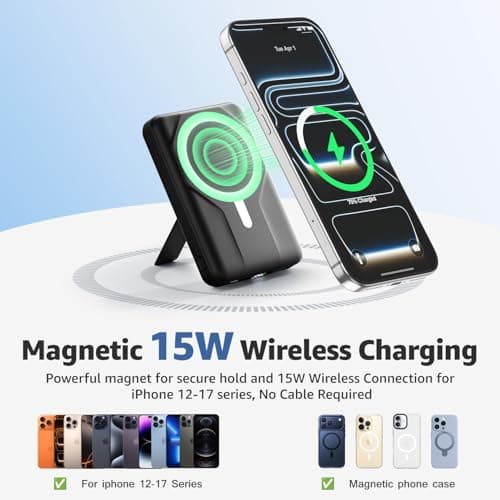 Azmuth Magnetic Wireless Power Bank 10000mAh, Compatible with MagSafe 15W Portable Fast Charger for iPhone 17/16/15/14/13/12 Series Built-in Stand LED Display 20W PD USB-C Black