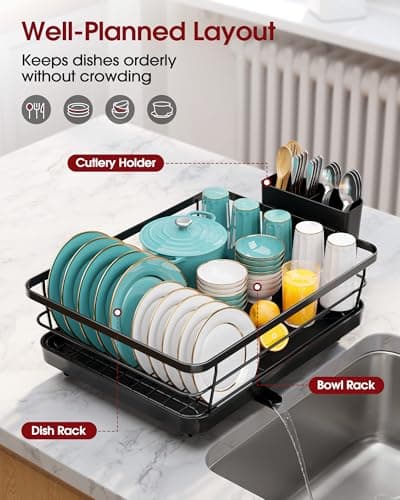 Sakugi Dish Drying Rack - Compact Dish Racks with Drain Board for Kitchen Counter, Durable Stainless Steel Dish Rack Used in Sink & on Countertop, Dark Black, Large