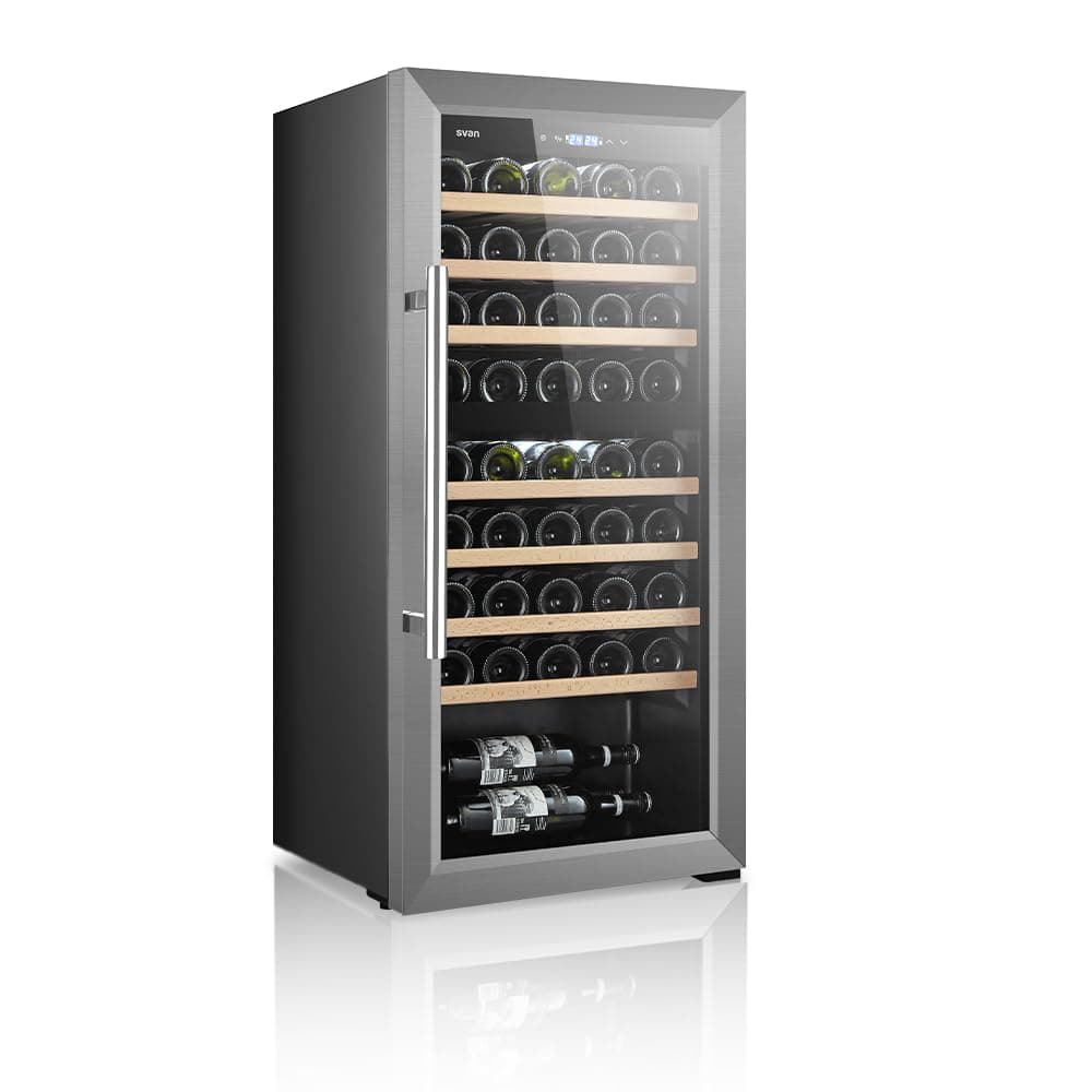 SVAN Vinoteca 45 Botellas Negro SVN4500D. 85W, 2 Zonas Independientes, Display LED táctil, Pantalla Digital Exterior, 7 Baldas de Madera, 1 Rejillas Metálicas, Clase de Eficiencia Enérgetica G