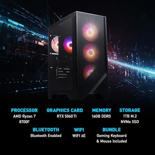 msi Codex Z2 Gaming Desktop: AMD Ryzen R7-8700F, NVIDIA GeForce RTX 5060Ti, 16GB DDR5, 1TB M.2 NVMe SSD, USB Type-C, VR-Ready, Windows 11 Home: A8NVM-671US
