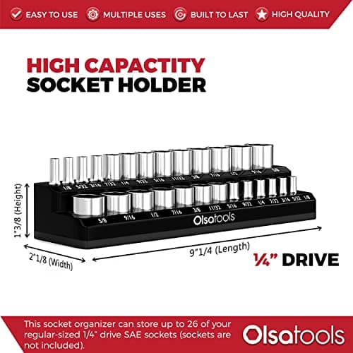 Olsa Tools Magnetic Socket Organizer - 1/4-Inch Drive - SAE - Black - Holds 26 Sockets - Professional-Grade Tool Organizer - Mechanics Workshop - Part: 1542 — view 2