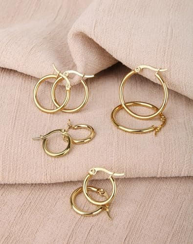 4 Pairs Gold Silver Hoop Earrings for Women Stainless Steel 14K Gold Plated Huggie Earrings Hypoallergenic Lightweight Earring (10-20mm) (Gold - 4 Pairs) — view 5