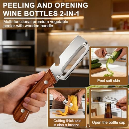 MultiFunctional Vegetable Peeler for Kitchen，Multifunctional Vegetable Peeler with Wooden Handle and Bottle Opener，2-in-1 Stainless Steel Kitchen Tool for Fruit Apple Potato Pumpkin Papaya (1) — view 2
