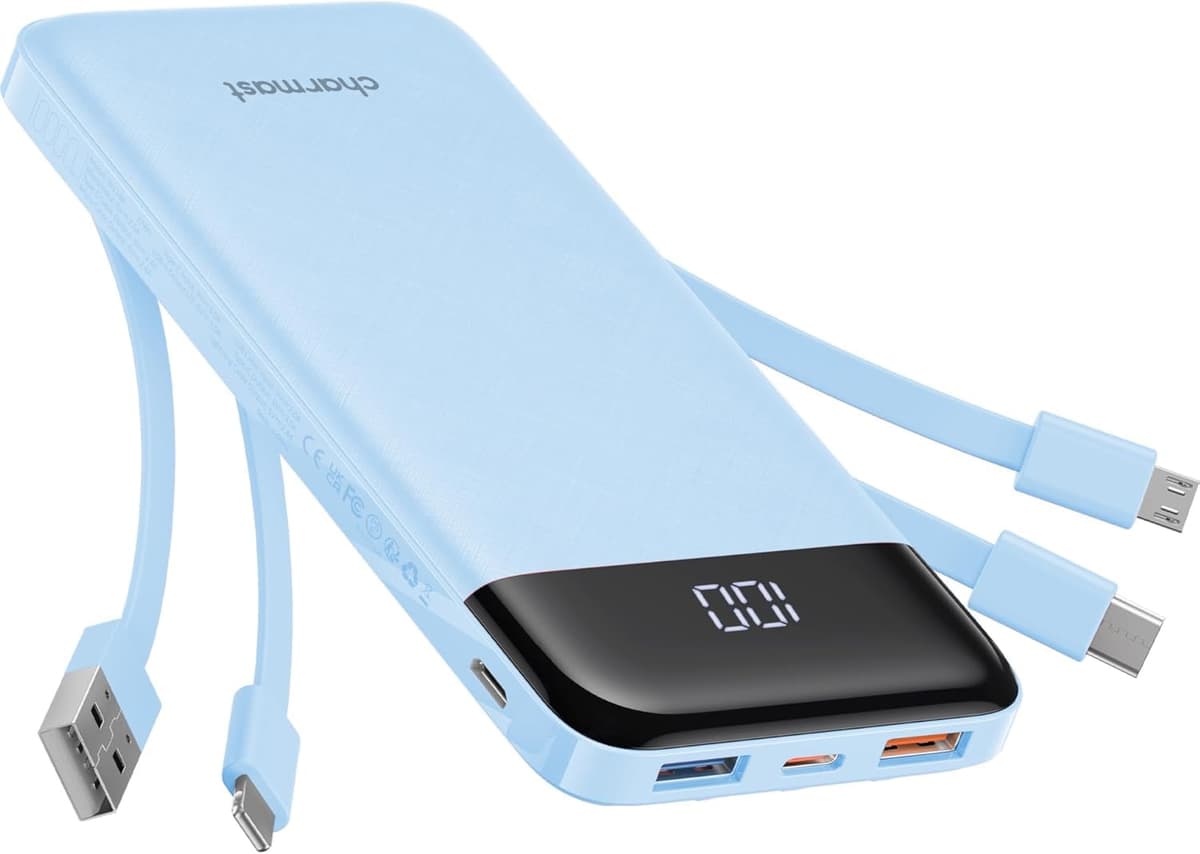 Charmast Power Bank with Built in Cables X 4, 10000mAh USB C Battery pack 6 Outputs 3 Inputs with LED Display Type C Powerbank Portable Charger Compatible with Smartphones Tablets and More