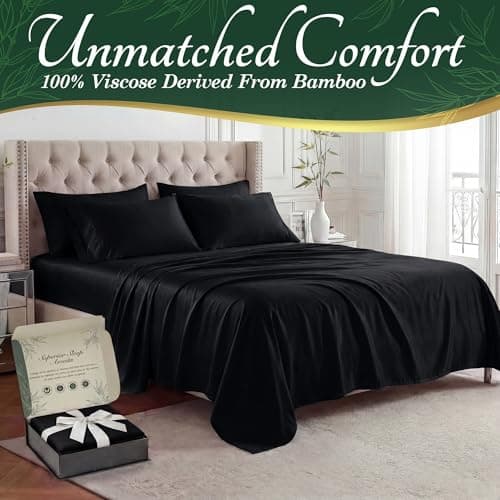 DECOLURE 100% Organic Viscose Derived from Bamboo Sheets Cal King Size 6pcs - Ultra Soft & Luxuriously Cooling, 17" Deep Pocket, Double Stitching, Perfect for Hot Sleepers - King Bed Sheets (Black)