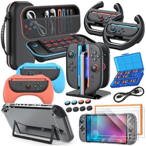 Switch 2 Accessories Bundle for Nintendo Switch 2 (2025), Switch 2 Case bundle Kits: MENEEA Carrying Case, Switch 2 Charger Dock, Grips for Joy Con, Steering Wheels, Protective Cover for Nintendo Switch 2 Controller Console