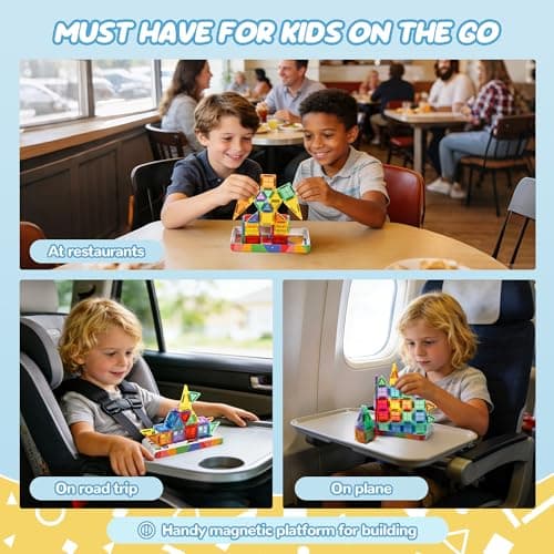 cossy Mini Magnetic Tiles, 60 PCS Magnet Tiles Travel Toys with Iron Box, Travel Magnetic Tiles for Restaurant, Car & Plane Play, Toys for 3 4 5 6 7 8 Year Old Boy and Girl — view 2
