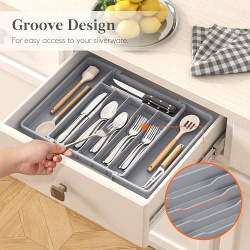 Lifewit Silverware Drawer Organizer, Expandable Utensil Tray for Kitchen, BPA Free Flatware and Cutlery Holder, Adjustable Plastic Storage for Spoons Forks Knives, 10.9"-17.5" x 13.7", Gray — view 7