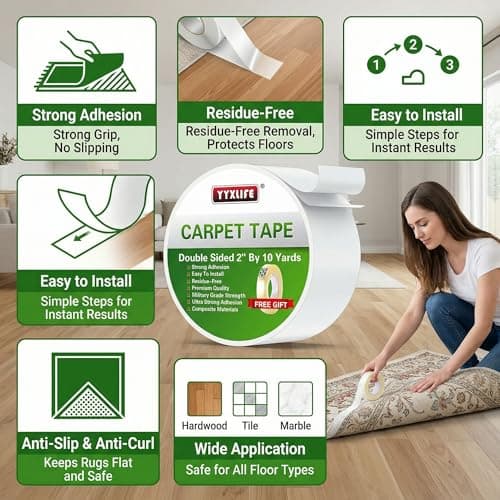 YYXLIFE Double Sided Removable Rug Tape - Carpet Adhesive for Hardwood Floors,Non Slip Anti Curling Floor Tape for Area Rugs,Mats,Carpets - No Residue Strong Hold for Tile, 2Inch x 10Yards,White — view 6