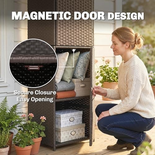 Outsunny Wicker Outdoor Storage Cabinet, 4 Shelf Patio Storage Cabinet with Adjustable Shelves, Magnetic Doors, PE Rattan Tall Towel Rack Outdoor for Pool Garden Yard, Brown — view 4