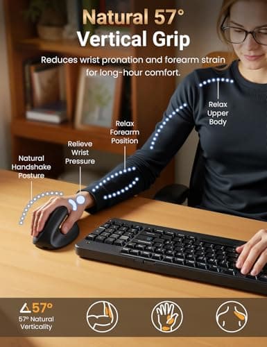 Ergonomic Vertical Wireless Mouse, 57° Natural Handshake for Wrist Pain Relief, Rechargeable 2.4G USB Computer Mouse, Quiet Click, 800/1200/1600 DPI, for Laptop PC Mac, Small/Medium Hands (Black) — view 2
