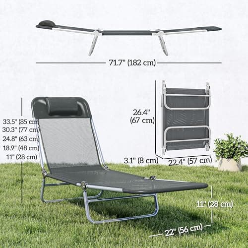 Outsunny Outdoor Lounge Chair, Portable Adjustable Reclining Seat Folding Chaise Lounge Patio Camping Beach Tanning Chair Bed with Pillow, Dark Grey — view 2