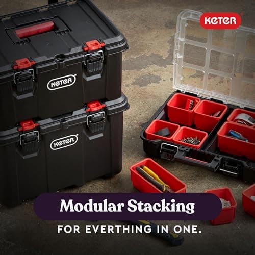 Keter Stack-n-Roll Modular Tools Organizer for Garage Storage and DIY, 3 Piece Resin Rolling Tool Box System for Small Parts, Black — view 4