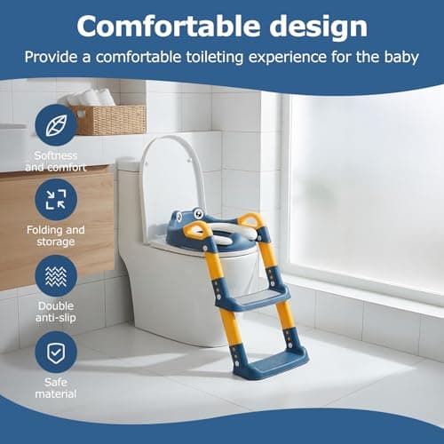 Toddler Toilet Seat with Step Stool, Foldable Potty Training Toddler Toilet Seat and Steps with Adjustable Height PVC Soft Cushion for Toddlers Boys Girls (03 Bule) — view 3