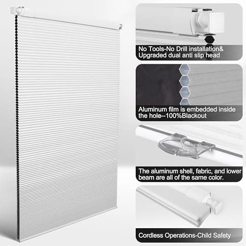 Sulugood No Drill No Tools Blackout Cellular Shades Easy to Install for Indoor Windows Cordless Honeycomb Blinds Thermal Insulated Noise Reduction,White,Custom Size — view 4