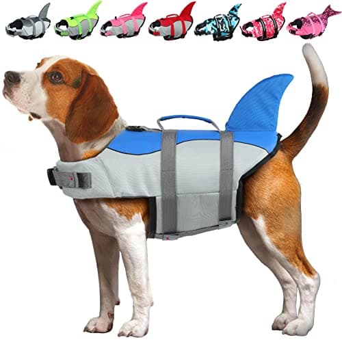 EMUST Dog Life Jacket Shark, Dog Life Vests for Small, Middle, Large Dogs with Rescue Handle Dog Flotation Vest Safety Lifesaver for Swimming Pool Beach Boating, (S,Blue)