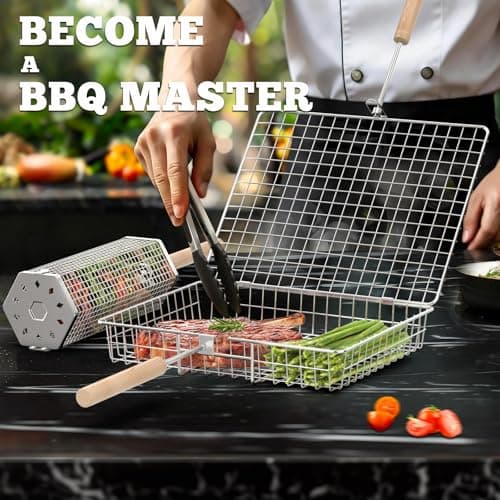 ivtivfu Grill Basket Set, Removable Wooden Handle, 304 Stainless Steel, Rolling Grilling Tools, Smoker BBQ Accessories for Vegetable Fish, Outdoor Cooking Camping, Birthday Gifts for Men Dad Husband — view 3