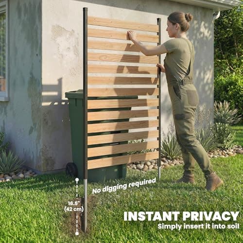 Outsunny Outdoor Privacy Screen Panel, 38" x 76" No Dig Space Divider with Fir Wood Planks and Aluminum Posts for Patio Backyard, Great to Hide Trash Cans, Air Conditioner Fence — view 2