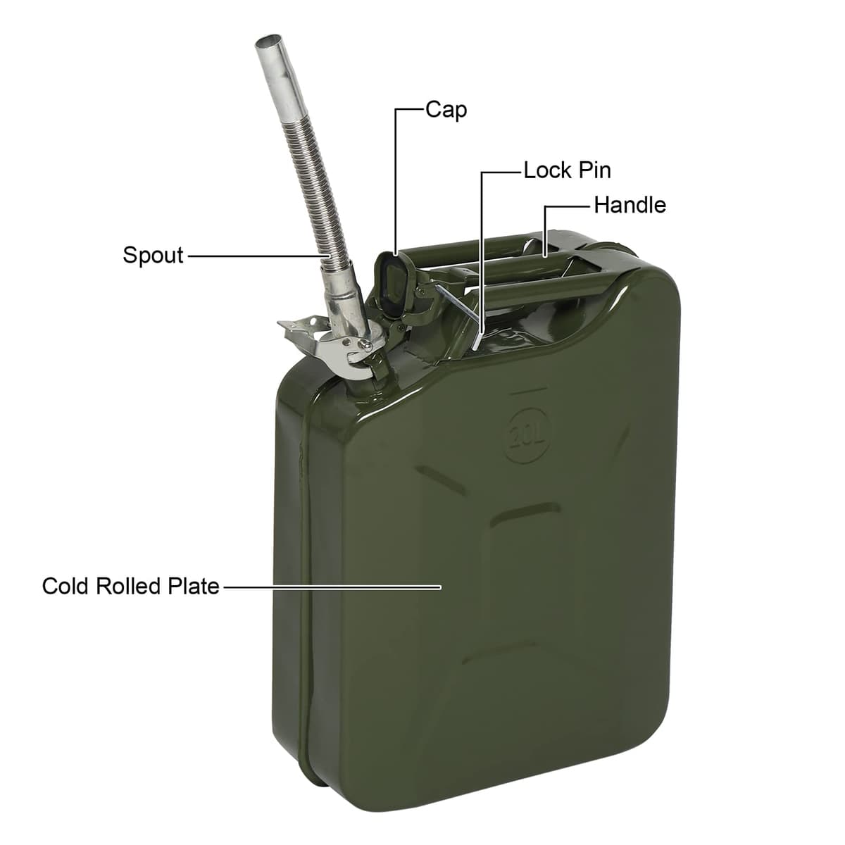 Petrol Can, Metal Jerry Can 20L with Pour Tube, Portable Fuel Can for Petrol or Diesel, Heavy Duty Fuel Storage Container for Car, Motorcycle, Off Road and Emergency Use (Green) — view 5