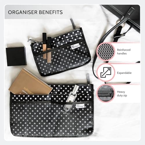 Periea Chelsy Handbag Organizer Insert 13 Pocket Purse Organiser with 2 Zipped Compartments Washable Reinforced Handles Structured Padding S M L (Black, Medium) — view 5