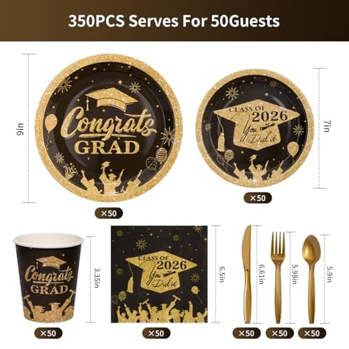 Goodluck 350pcs 2026 Graduation Party Supplies Set, Black and Gold Paper Plates Graduation Decorations, Includes 9" & 7" Disposable Paper Plates, 9oz Cups, Napkins & Cutlery for 50 Guests