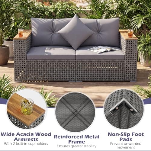 Tangkula 62.5" Large Patio Wicker Loveseat with Acacia Wood Armrests & Cup Holders, Outdoor 2-Piece Rattan Corner Sofa with Cushions, Sectional Conversation Set for Garden Backyard Porch Balcony, Grey — view 7