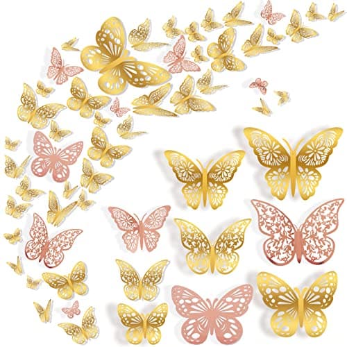 Nelotaor 72 Pcs Butterfly Wall Decor, 3 Styles 3 Sizes 3D Butterfly, Gold and Rose Gold Butterfly, Wedding Decorations, Birthday Party Decorations, Girls Bedroom Decoration(72 Pcs, Gold and Rose Gold)