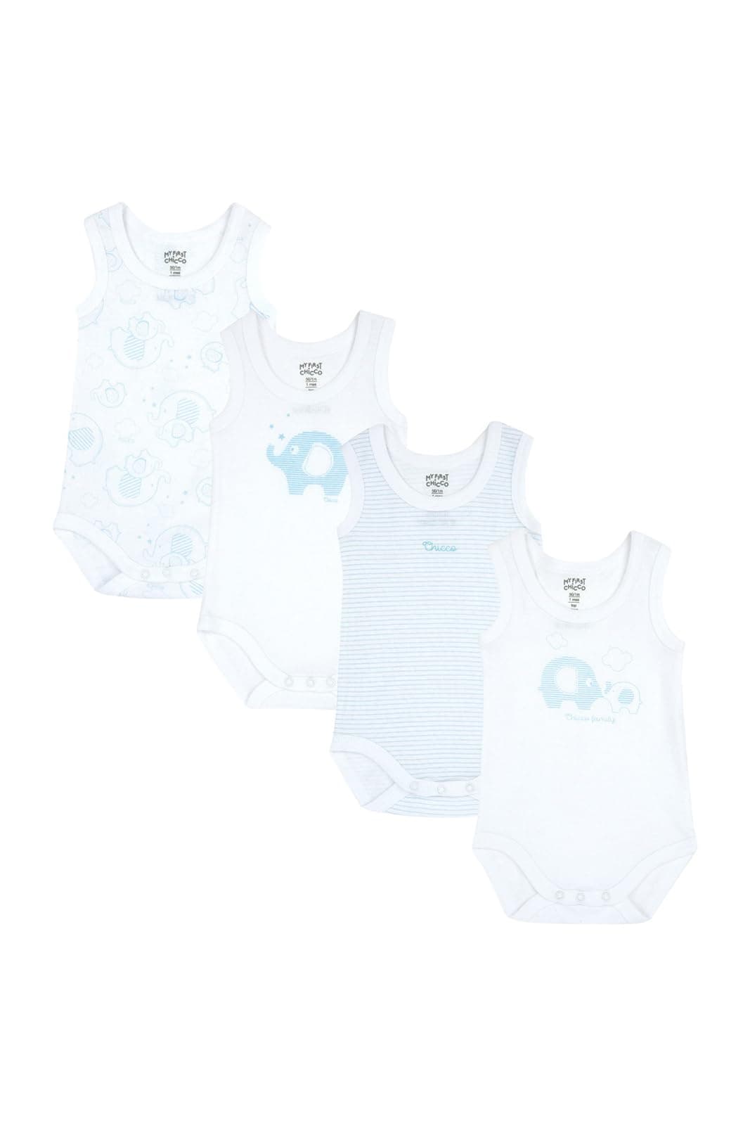 Chicco, Body Recién Nacido, Conjunto de 4 Bodies sin Mangas de Algodón 100% con Cómoda Abertura, Ropa Bebé Niño y Niña 0-3 Meses, Ideas de Regalo para Nacimiento