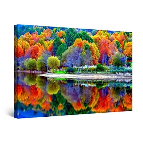 Startonight Canvas Wall Art - Colors of Forest Water Reflection, Nature Trees Lake Colorful Large Stretched Print, Modern for Bedroom or Living Room, Office Decor Unique Luminous Artwork 32" x 48"